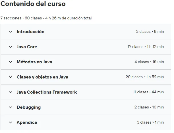 contenido del curso del Java para principiantes